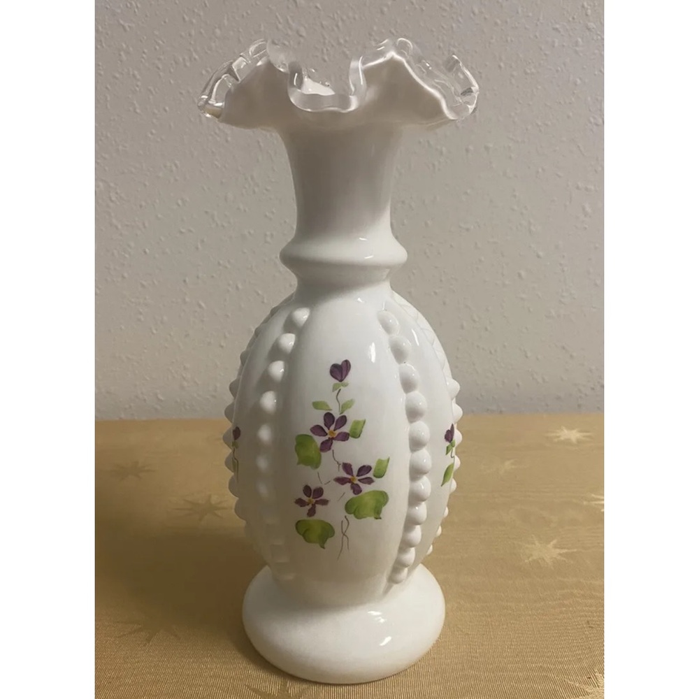 Vintage Fenton Ruffled Edge Beaded Vase Hand Painted S. Hopkins 
Used